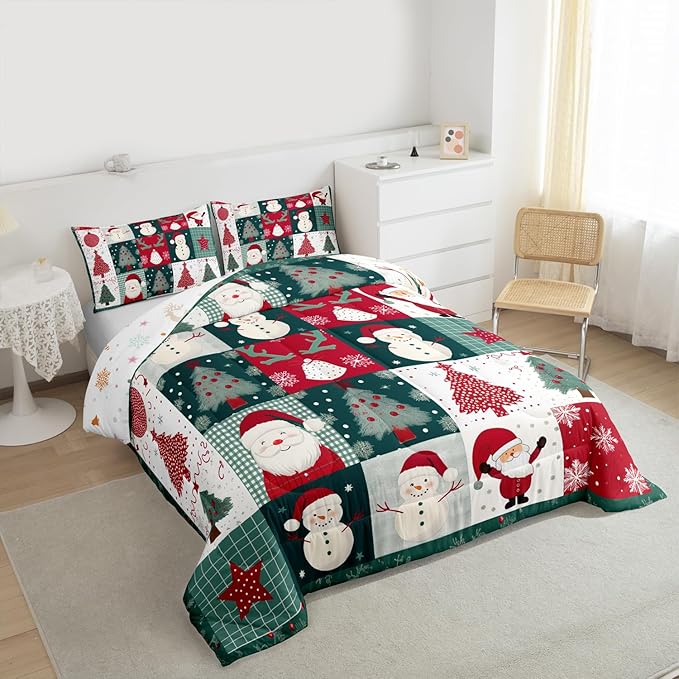 Feelyou Merry Christmas Comforter Set All Season Xmas Tree Snowman Bedding Set with 2 Pillow Cases Santa Claus Microfiber Kids Full Bedclothes Patchwork Bedroom Decor Duvet Quilt Breathable Soft