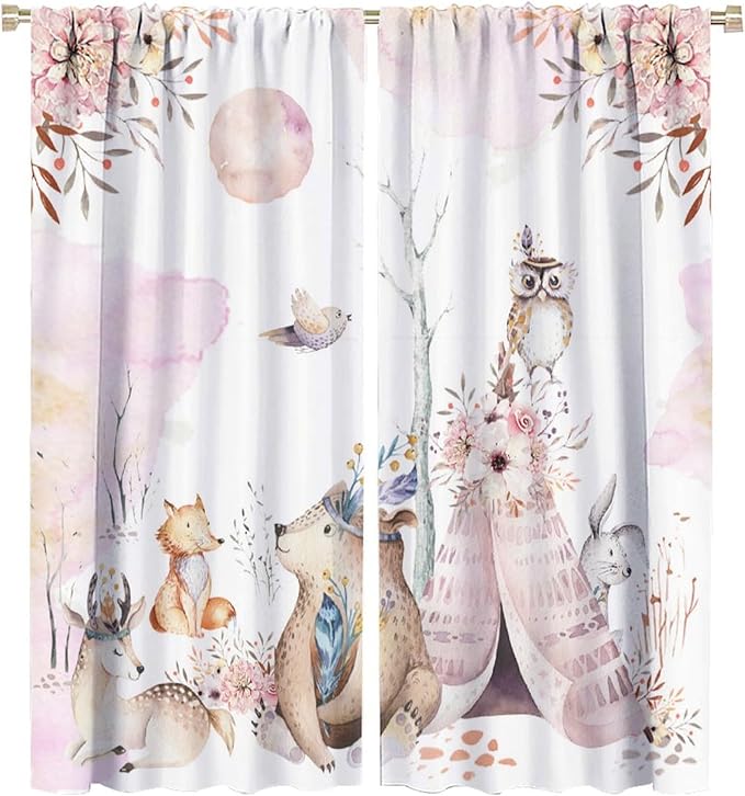 Forest Animal Curtains for Kids, Pink Watercolor Woodland Animal Window Treatments Fox Deer Owl Wildlife Safari Jungle Bear Window Drapes for Girls Nursery Toddler Bedroom 55x63in