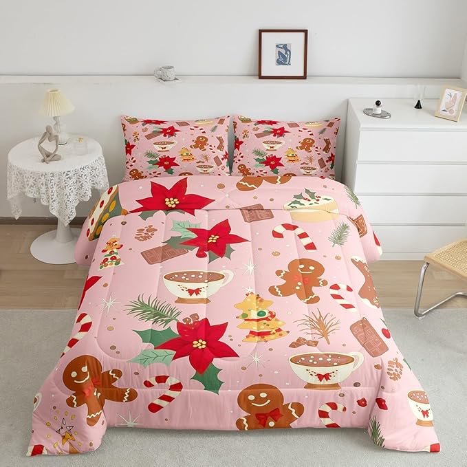 Feelyou Cute Gingerbread Man Bedding Set for Kids Boys Girls Queen Size Christmas Trees Comforter Set Ultra Soft Candy Comforter Dessert Duvet Quilt Bedroom Decor Christmas Decor Quilt