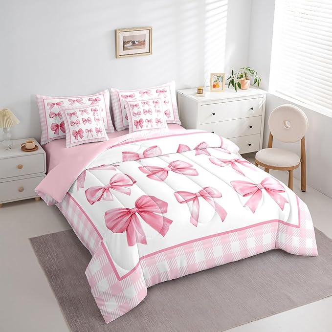 7 Pieces Pink Bowknot Kids Comforter Twin,Geometric Plaids Grids Patchwork Fashion Bedding Set,Bow Tie Knot Princess Romantic Chic（Comforter+Fitted+Flat Sheet+2 Pillowcases+2 Throw Pillow Covers）