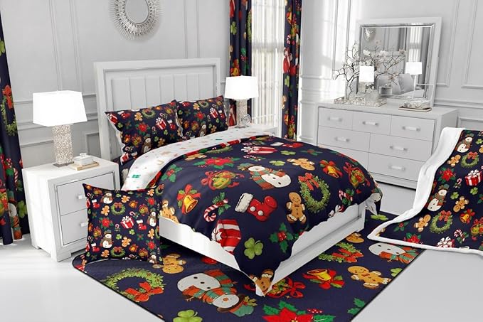 jejeloiu Merry Christmas Comforter Set Full Size Cute Snowman Bedding Set for Kids Boys Girls Gingerbread Man Duvet Quilt Dark Blue Bedroom Decor
