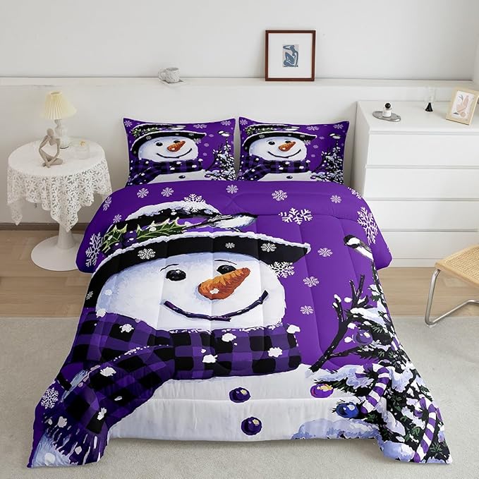 Feelyou Kids Christmas Theme Decorations Bedding Set Xmas Snowman Comforter Set for Boys Girls Snowflake Kawaii Cute Purple Bedroom Collection King Size