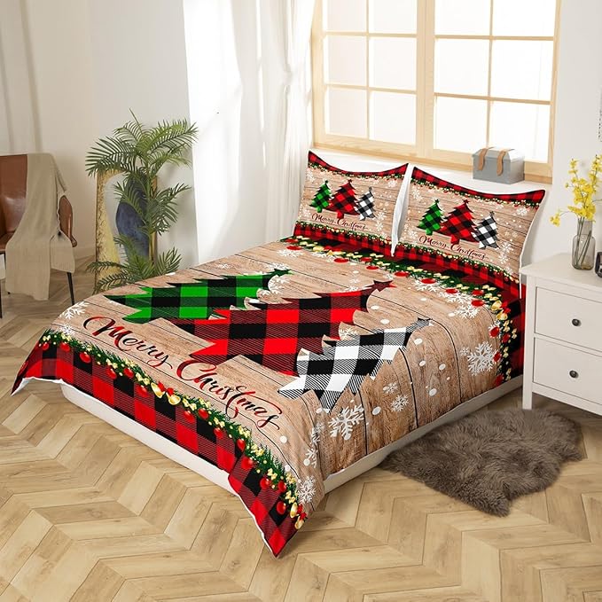 Manfei Plaid Tree Duvet Cover Set Full Size, Wooden Stripe Print Bedding Set 3pcs for Kids Boys Girls Bedroom Decor, Christmas Theme New Year Comforter Cover with 2 Pillowcases,No Comforter