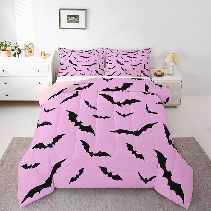 Erosebridal Gothic Bat Comforter Set Halloween Theme Bedding Set King Size,Horror Spooky Animal Quilt for Kids Boys Girls Adults Black Bats Silhouette Down Comforter,Pink Goth Room Decor