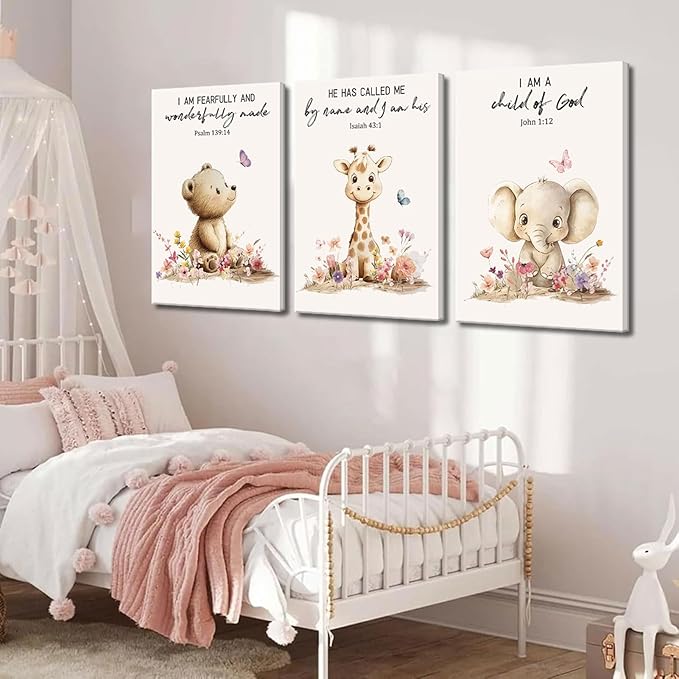 3Pcs Nursery Animal Bible Verse Canvas Wall Art Cute Bear Elephant Giraffe Wall Decor Pictures Christian Baby Nursery Posters Prints for Kids Boys Girls Room Home Decoration 12x16in