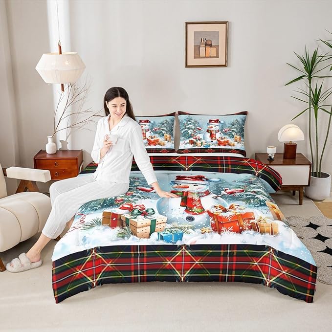 Castle Fairy Xmas Cute Snowman Full Size Comforter Set,Merry Christmas Pine Trees Decor Bedding Comforters Bedroom Collection,Vintage Red Green Checkered Plaid Bedding Set for Girls Teens