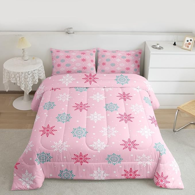 Feelyou Winter Snowflakes Bedding Set Soft for Boys Girls, Winter Holiday Comforter Set Full Size Frozen Snowflake Duvet Quilt Microfiber Pink Bedroom Decor 3 Pcs with 2 Pillow Cases
