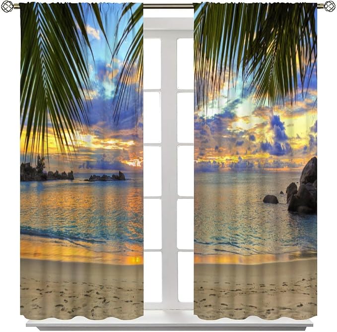 Ocean Beach Curtains,Sunset on Beach in The Evening Hawaiian Seaside Scene Pattern Blackout Print Home Bedroom Living Room Window Treatments 2 Panel Set 63x63 Inch