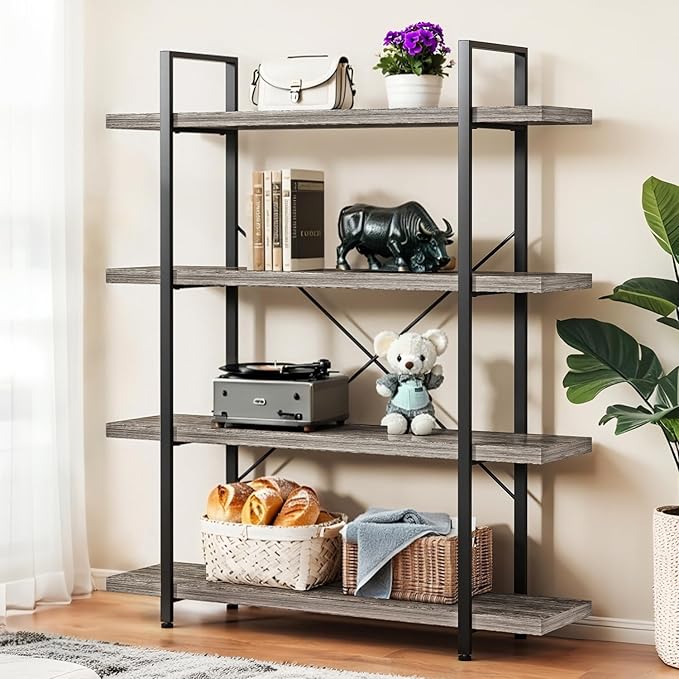 Bookcase, 47 Inch Wide Wood Bookshelf, 120lbs Shelf Capacity Estante, Rustic Open Shelving Industrial Display with Reinforced Horizontal Shelves for Living Room Bedroom Office (4 Tier - Grey)