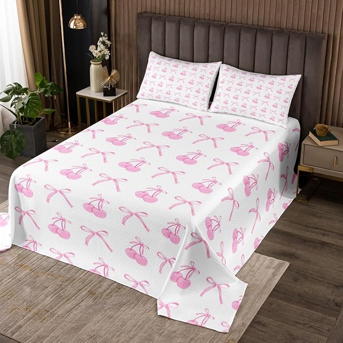 Manfei Cherry Bowknot Kid Bedspread Twin Size,Pink Bow Tie Butterfly Knot Princess Coverlet Set,Girls Women Room Decor,Cartoon Bow Patchwork Quilted Coverlet,Dreamy Sweet Bedding Quilt,1 Pillowcase
