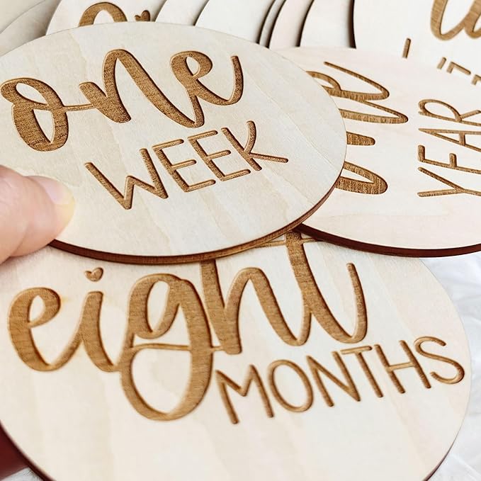 Wooden Milestone Cards and Discs 16pc Set for Baby Photos and First Year Milestones - New Parents and Baby Showers with "Hello World" Sign and Monthly Cards from 1-12 Months