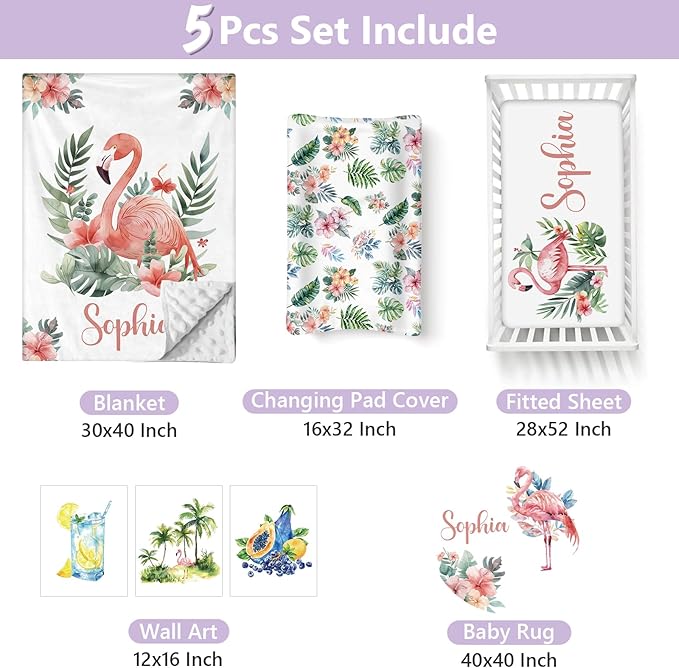 Personalized Baby Crib Bedding Set, 5 Pcs Custom Name Nursery Bedding Set for Girls Boys, Flamingo Baby Crib Set for Toddlers Infants, Double Layer Bedding Crib Sets Customized Gifts