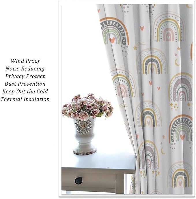 Kids Rainbow Curtains Boho Cartoon Colorful Stars Love Heart Lovely Abstract Art Pattern Print Window Drapes for Girl Bedroom Living Room Kitchen Decor,2 Panel Set,42Wx63H Inch Blackout