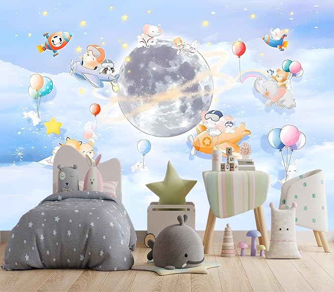 XMPMBM-Cartoon Animals Nursery Room backsplash Large Decorative Wallpaper Clouds The Moon Bedroom Bathroom Wall Mural- W 154" X H 105"（112 Square Foot）