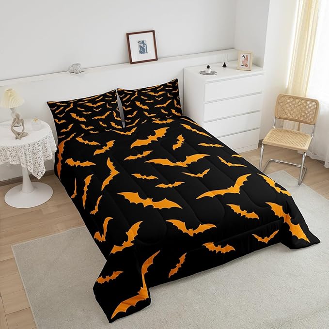 Erosebridal Bat Quilt Happy Halloween Decor Comforter Set Queen Size for Kids Boys Youth Gothic Spooky Bedding Set Orange Bats Silhouette Duvet Insert with 2 Pillow Cases
