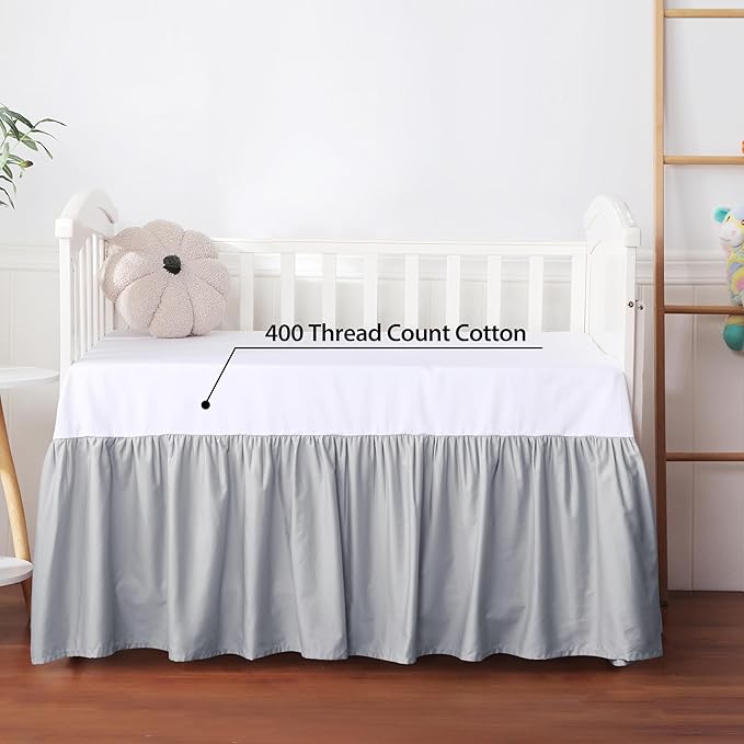 Crib Skirt Dust Ruffle, 100% Egyptian Cotton 400 Thread Count Soft Breathable Crib Bedding Skirt for Baby, Boys and Girls, Fading Resistant (Grey)