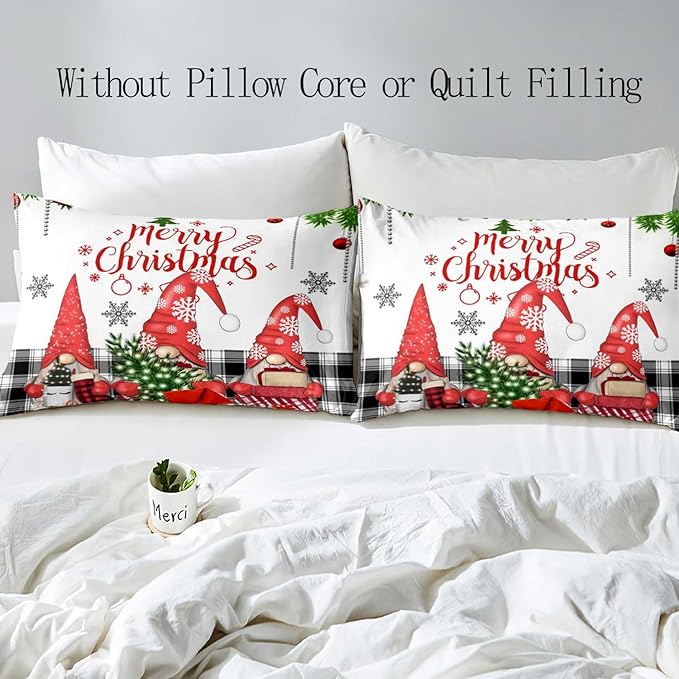 LUVIVIHOME 3PCS Christmas Gnome Duvet Cover Queen, Christmas Bedding, White Duvet Cover Holiday New Year Xmas Santa Swedish Tomte Snowflake Red Black Buffalo Plaid Comforter Quilt Cover 2 Pillow Shams