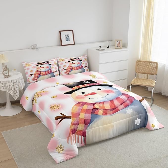 Feelyou Kids Merry Christmas Decorations Full Size Comforter Set Xmas Snowman Bedding Set Pink Quilt Set Soft Warm Lightweight Duvet Set