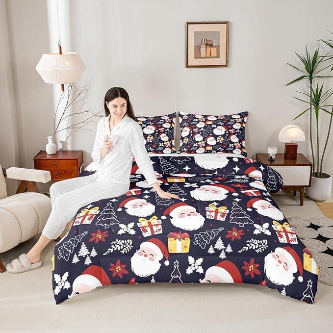 jejeloiu Santa Claus Comforter Set Queen Size Merry Christmas Bedding Set for Kids Boys Girls Xmas Themed Duvet Quilt Dark Blue Bedroom Decor
