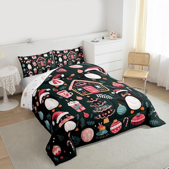 Feelyou Christmas Kids Comforter Set King Size Xmas Tree Ball Bedding Set Penguin Duvet Quilt for Kids Boys Girls Bedroom Gingerbread Houses Decor Microfiber Ultra Soft Breathable