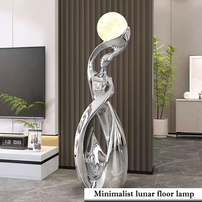 Bofea-Modern Standing Lamp for Living Room Minimalist Floor Lamps with Silver Resin Lamp Body,Creative Dancing Girls Statue Tall Standing Lamps,Unique Moon Floor Lights for Bedroom Home Decor
