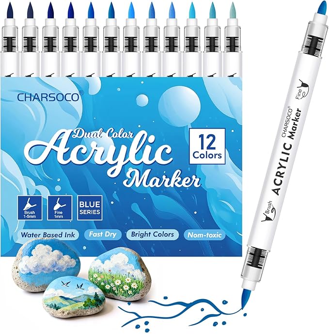 Blue Tones Acrylic Paint Pens, 12 Colors Markers Set with Soft Brush & Bullet Tip, for Rock, Painting, Wood, Glass, Ceramic, Canvas, Stone, DIY Crafts, Making Art Supplies, Fabric Paint