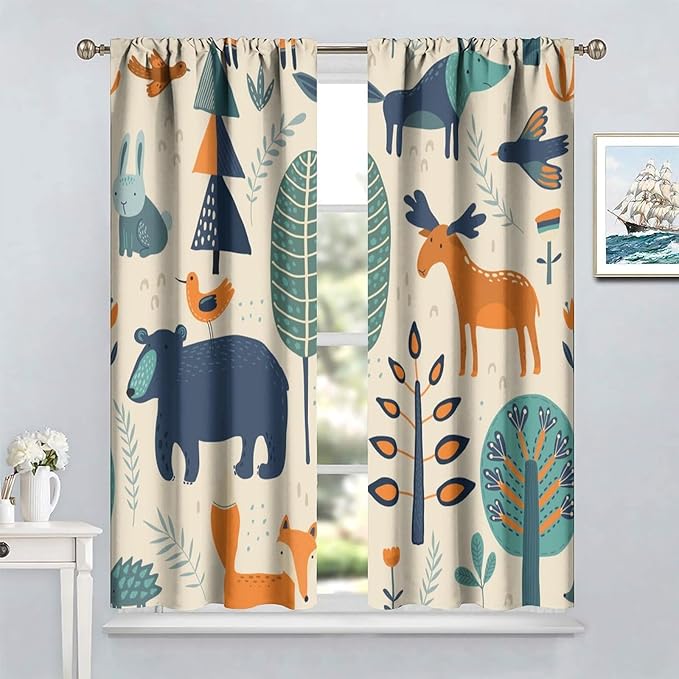 Kids Forest Animal Curtains, Rustic Cartoon Cute Wild Animal Window Treatments Woodland Safari Animal Fox Deer Bear Window Drapes for Girls Boys Nursery Toddler Bedroom 63x72in