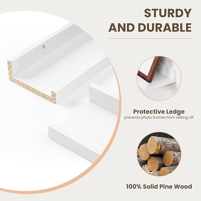 Fun Memories Picture Ledge Shelf, Pine Wood Floating Shelves Set of 2, 55 inch Nursery Book Shelves, Photo Ledge Book Shelves Wall Mounted for Living Room Kids' Room Bedroom - White