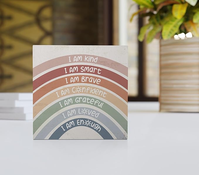 I am Kind I am Smart I am Brave Positive Self Affirmations Boho Rainbow Wood Box Sign Desk Decor,Rustic Summer Wooden Block Sign Decorations for Home Girls Room Dorm Office Wall Tabletop Shelf Decor