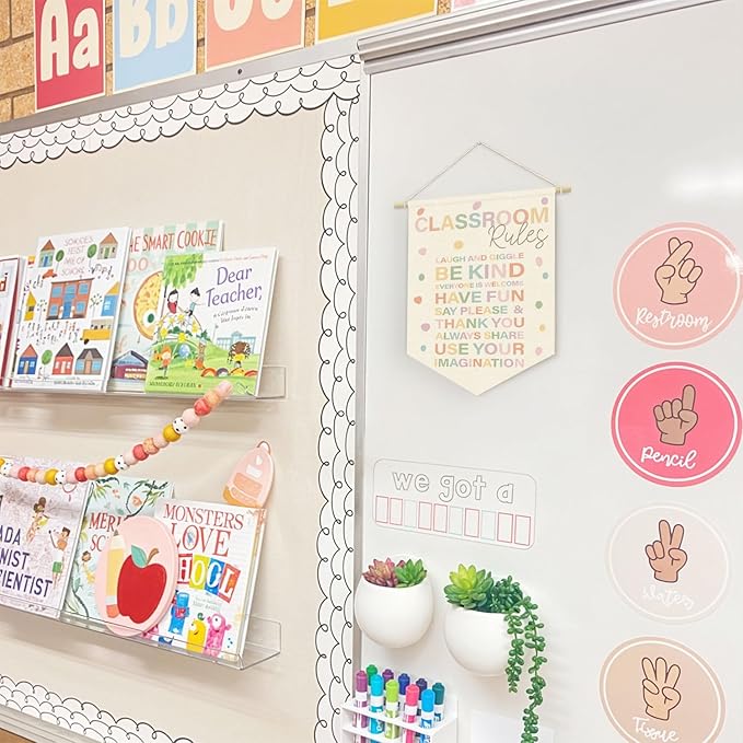 Classroom Rules Linen Canvas Banner, Teacher Must Haves for Classroom, Positive Educational Learning Wall Hanging Pennant Flag Banner for Preschool Homeschool Kindergarten Decor, 15x11in