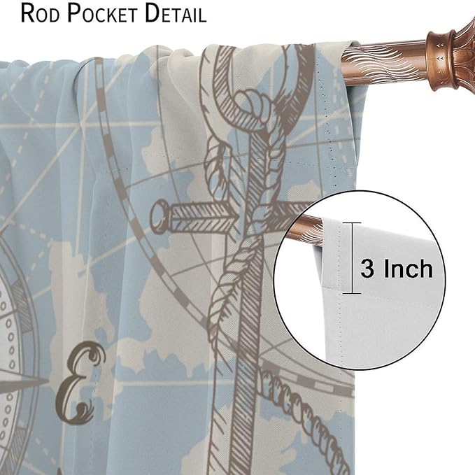 Nautical Costal Curtains, Compass Lighthouse Anchor Sailboat Pattern Blackout Print Home Bedroom Living Room Window Treatments 2 Panel Set 84x84 Inch