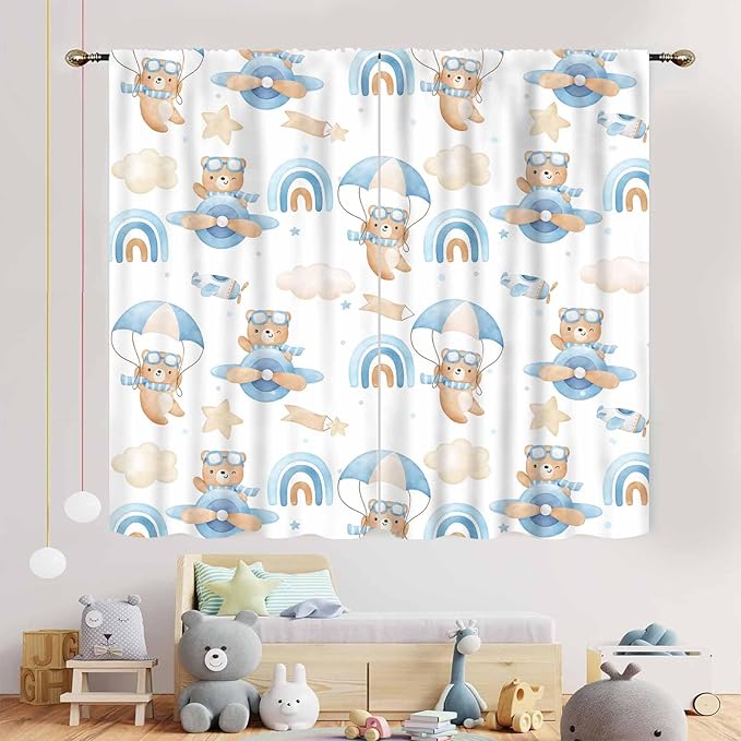 Cartoon Bear Curtains, Kids Boys Girls Cute Lovely Bear Adventure Airplane Cloud Pastel Blue Window Drapery Treatments for Baby Living Room Bedroom Nursey Toddler Classroom 2 Panels, 84"x63" Inch