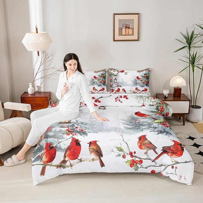 jejeloiu Kids Red Cardinal Comforter Set Toddler Christmas Theme Bedding Set for Boys Girls Teens Xmas Birds Winter Country Woodland Animal Duvet Quilt Room Decor