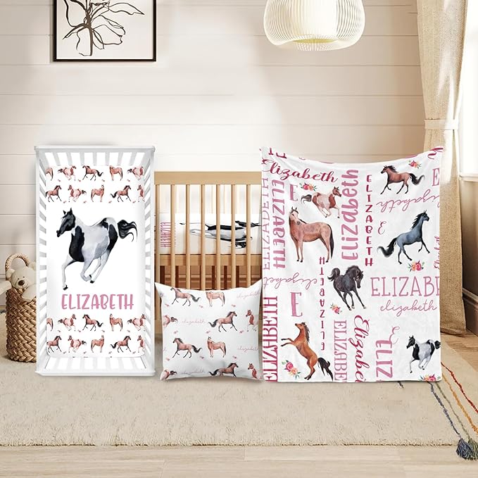 Custom Crib Bedding Set - Horse Design Personalized Name Baby Nursery Bedding 3 Pcs Set - Chic Soft Blanket, Sheet, Pillowcase for Newborns Boys Girls Gifts Color10
