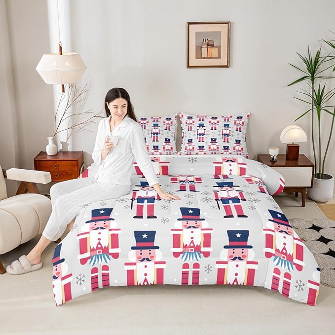 Feelyou Cute Nutcracker Comforter Set Full Size Christmas Ornaments Bedding Set for Kids Boys Girls Xmas Snowflake Duvet Quilt Soldier Bedroom Decor Kawaii Microfiber 3 Pcs with 2 Pillow Cases