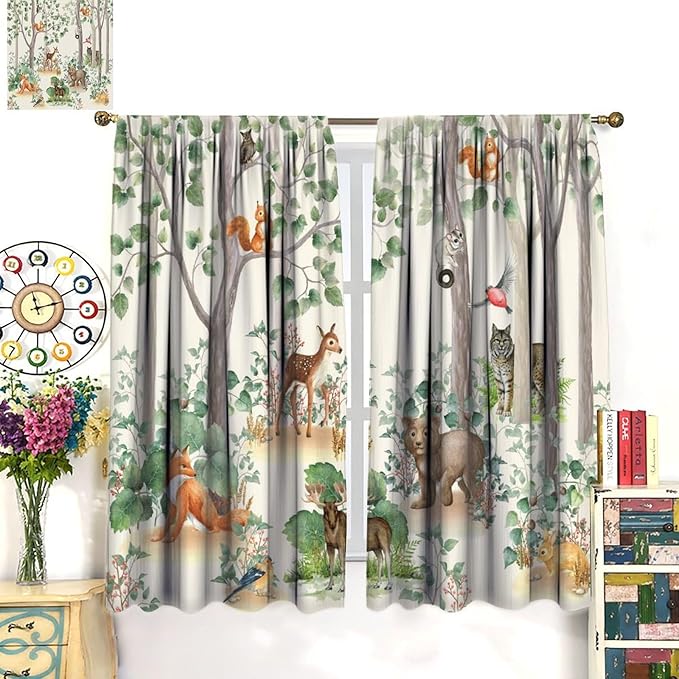 Woodland Animal Curtains, Cartoon Wild Rustic Forest Animals Pattern Blackout Window Treatments, Rod Pocket Thermal Insulated Drapes 2 Panel Sets for Kids Bedroom Nursery Classroom, 52" W X 84" L