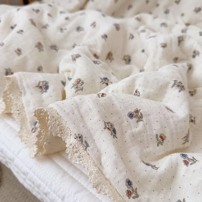 BuLuTu Musiln Cotton Kids Quilt Twin Size Bed Blanket Chic Pansy Floral Print Comforter for Girls Boys Children Bedroom, Soft Breathable Kids Comforter with Lace Edges, 60x78 Inches