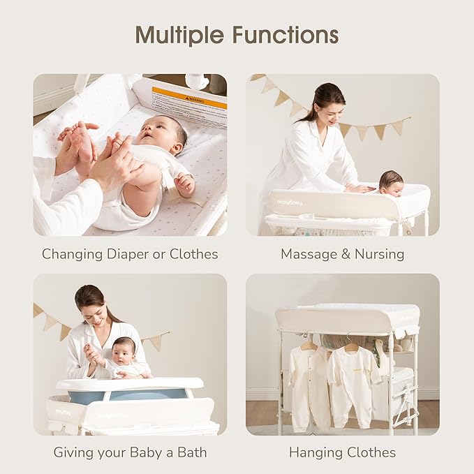 Maydolly Baby Changing Table, Portable Foldable Changing Table, Waterproof Diaper Changing Station, Adjustable Height Changing Station, Mobile Nursery for Newborn and Infant (Beige Without Drawer)
