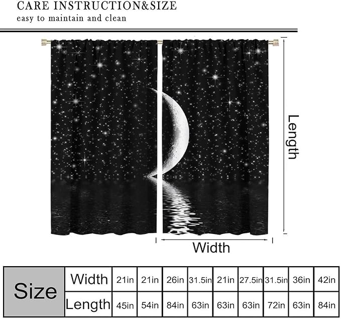 Night Starry Sky Curtain, Black Moon Phase Cloud Stars White New Moon Sparkly Shiny Galaxy Space Lake Fantasy Window Curtains for Kids Boys Girls Room Bedroom Living Room 84" W X 84" L