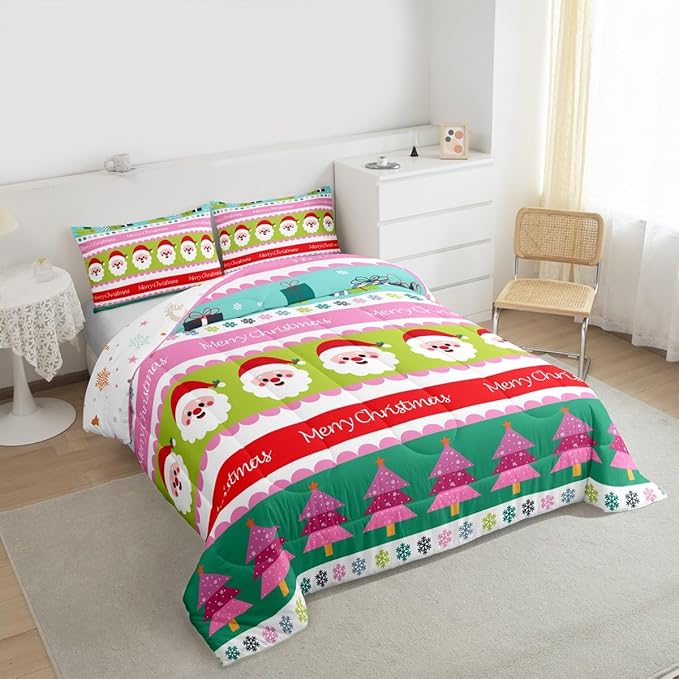 Feelyou Merry Christmas Comforter Set Full Size Santa Claus Bedding Set for Kids Boys Girls Xmas Tree Snowflake Duvet Quilt Striped Bedroom Decor Microfiber 3 Pcs with 2 Pillow Cases