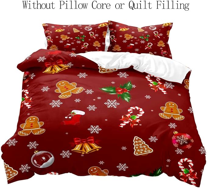 LUVIVIHOME 2PCS Christmas Duvet Cover Twin Bedding Sets, Red Duvet Cover, Boys Girls Kids Bedding, Cute Gingerbread Snowflake Holiday New Year Xmas Gifts Christmas Comforter Quilt Cover, 1 Pillow Case
