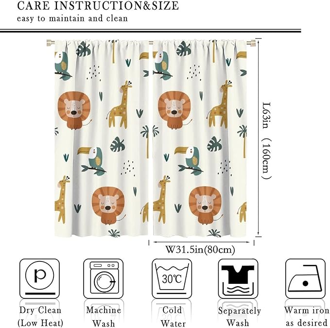 Cute Lion Window Curtains for Kids Bedroom,Cartoon Woodland Jungle Forest Wildlife Little Lion Giraffe Owl Palm Tree Printed Pattern Blackout Drapes for Living Room Baby Nursery Room 63x63in