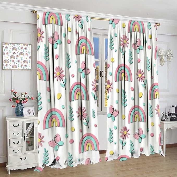 Kids Rainbow Curtains Boho Cartoon Colorful Stars Love Heart Lovely Abstract Art Pattern Print Window Drapes for Girl Bedroom Living Room Kitchen Decor,2 Panel Set,42Wx45H Inch Decor