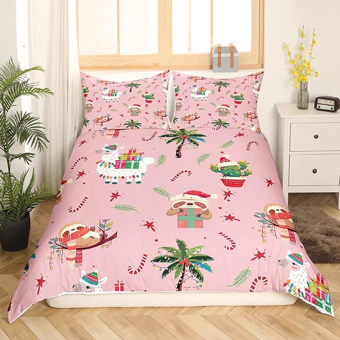 Manfei New Year Duvet Cover Set Full Size, Cute Xmas Sloth Alpaca Print Bedding Set 3pcs for Kids Boys Girls Bedroom Decor, Christmas Theme Comforter Cover with 2 Pillowcases,No Comforter