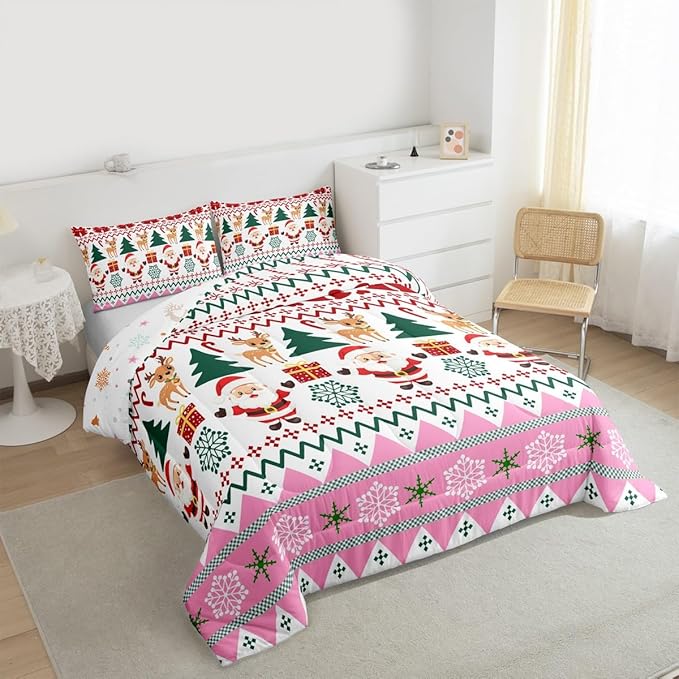 Feelyou Merry Christmas Comforter Set All Season Santa Claus Bedding Set with 2 Pillow Cases Cute Deer Microfiber Kids King Bedclothes Snowflake Bedroom Decor Duvet Quilt Breathable Soft