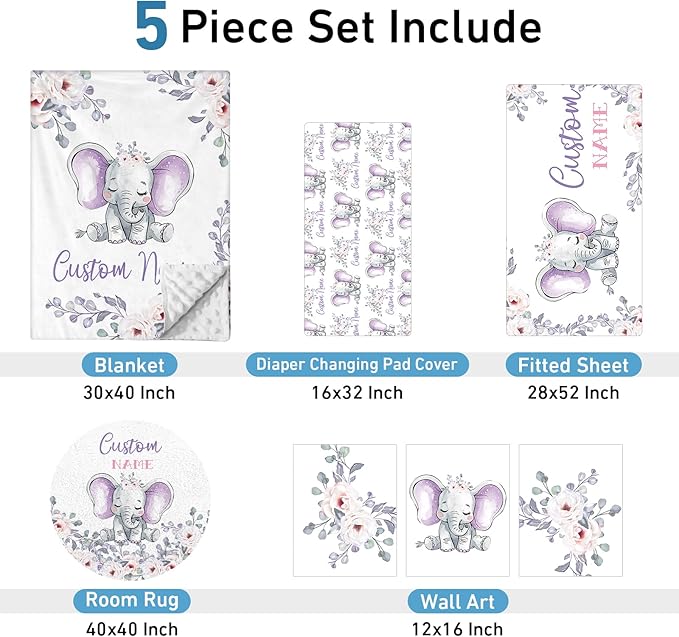 Personalized Baby Crib Bedding Set: 5 Piece Custom Gift Elephant Crib Bed Set with Name, Nursery Bedding Set for Baby Girls and Boys, Floral Crib Bedding Gifts