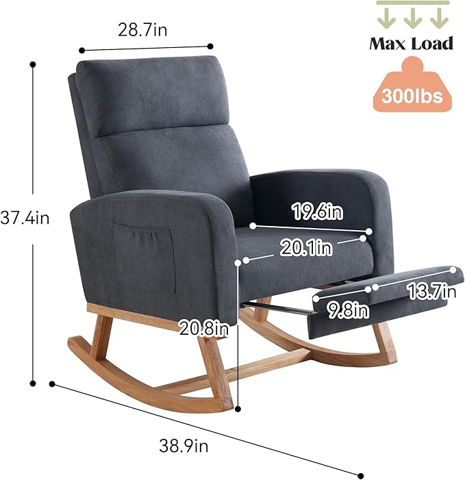 Rocking Chair Nursery, Nursing Rocking Chairs with Foot Rest for Mom Nursery, Rocker Glider Chair with Footrest and High Backrest for Living Room, Bedroom, Dark Gray