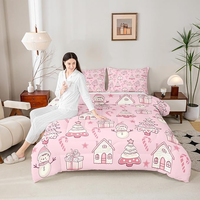 Feelyou Pink Christmas Comforter Set King Size Xmas Tree Snowman Bedding Set for Kids Boys Girls Star Gift Duvet Quilt Candy Cane Bedroom Decor Microfiber 3 Pcs with 2 Pillow Cases