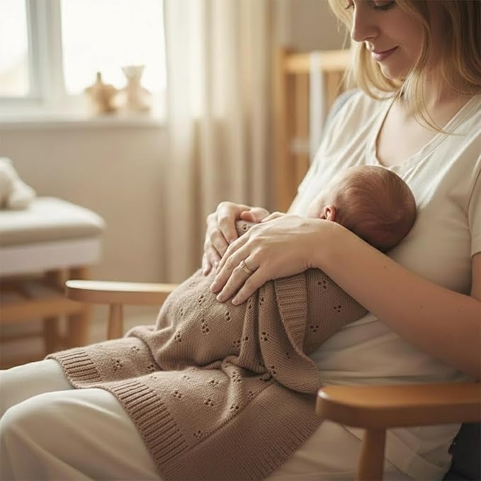 Baby Knit Blanket, 100% Cotton Eyelet Patterns, Soft, Cozy, Lightweight Swaddle for Newborn & Infant Swaddling Beige Neutral, Perfect Baby Shower Ideas Mocha 30x30