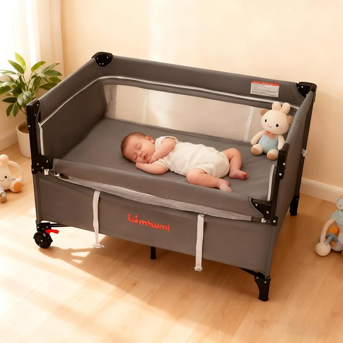 MTWML Portable Baby Bassinet,2 in1 Baby Playard and Bedside Crib with Wheel,1-Second Setup Foldable Playpen and Nursery Center with Travel Bag for Home or Travel Newborn to Toddler(Deep Grey)